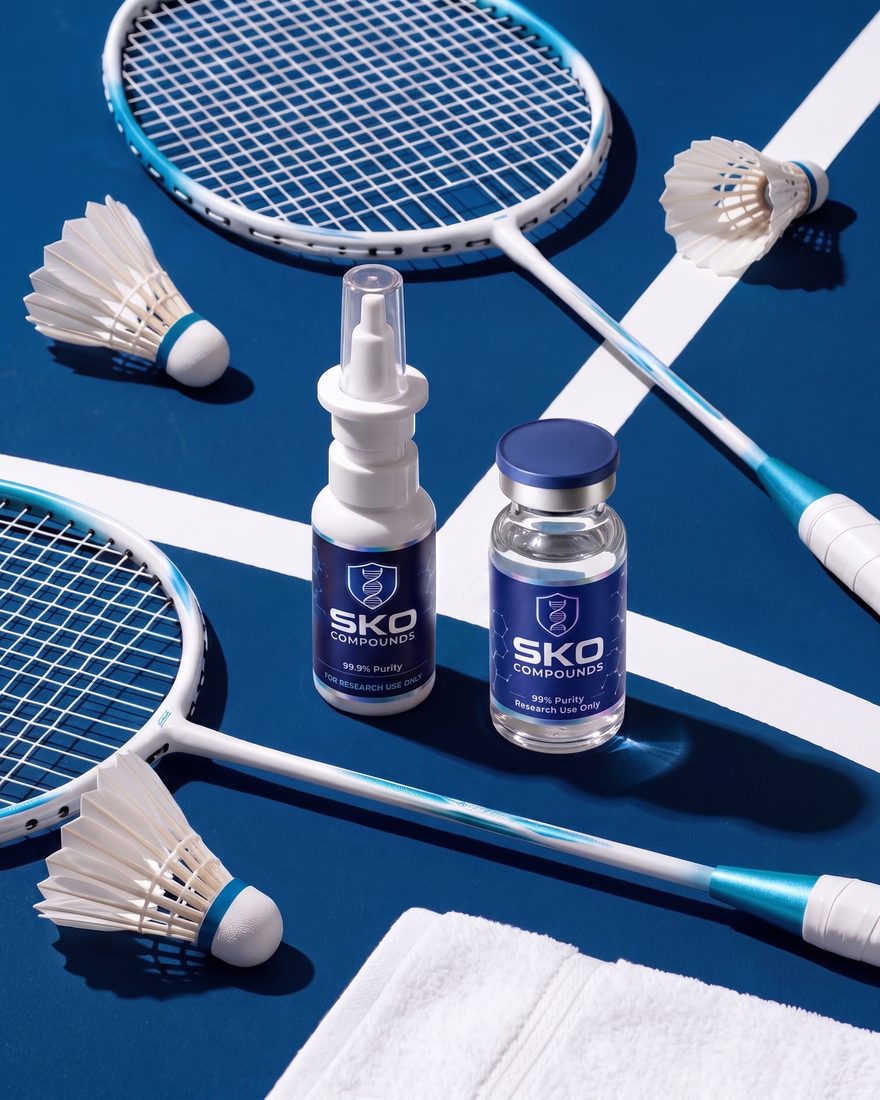 SKO Compounds vials in a badminton court flat lay