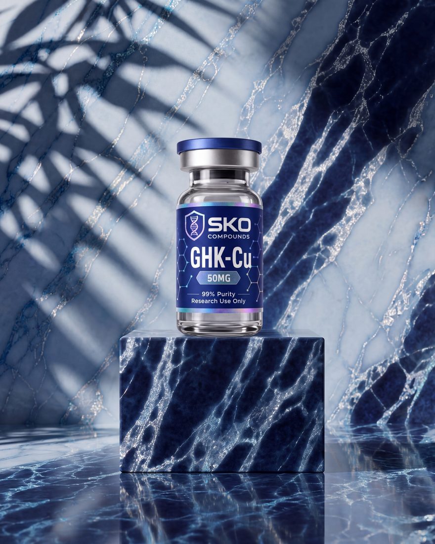 SKO Compounds GHK-Cu vial on dark marble