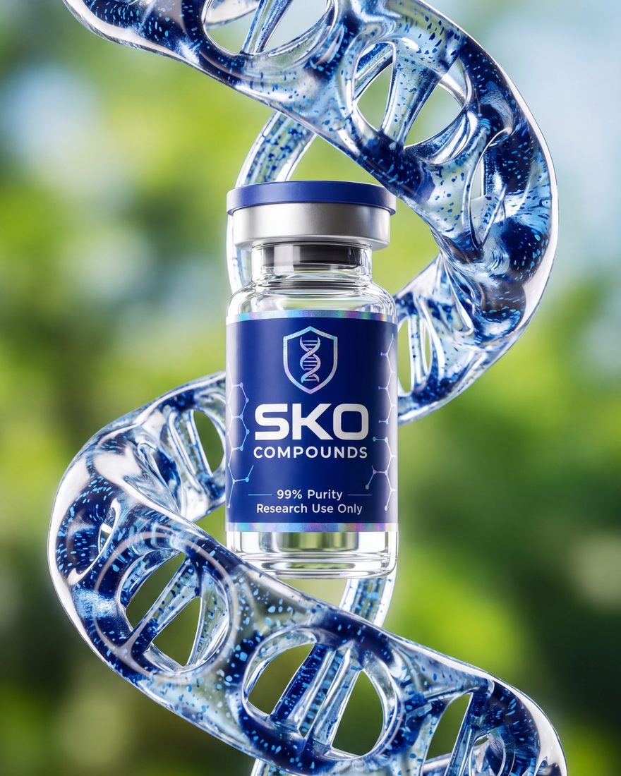 SKO Compounds vial held inside a glass double helix