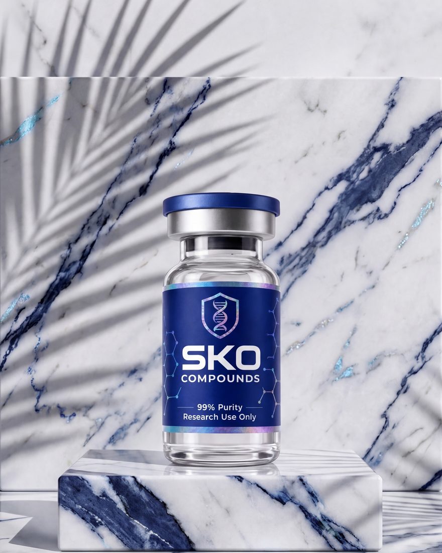 SKO Compounds vial on a marble plinth with palm shadow