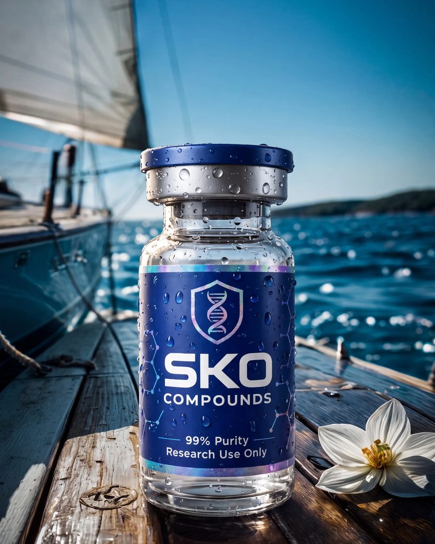SKO Compounds vial photographed on a boat deck at sea